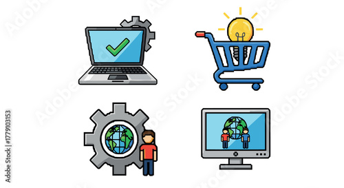 Colorful flat icons of technology, shopping, and global concepts