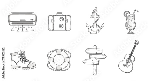 Hand drawn summer vacation icons travel, adventure, leisure