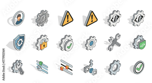 Isometric icons collection user, alert, settings, security, and tools