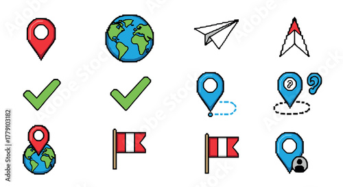 Pixel art map and navigation icons globe, location, checkmark, flag, paper plane