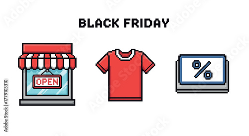 Pixel art black friday sale icons store, shirt, and discount sign