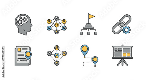 Business strategy and planning icons set with networking and organization elements