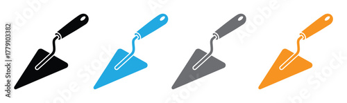 A simple outline icon of a trowel, a common construction and masonry tool used for spreading, shaping, and smoothing materials like cement or plaster, isolated on white.