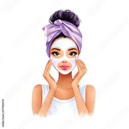 Woman with Facial Mask and Towel on Head.