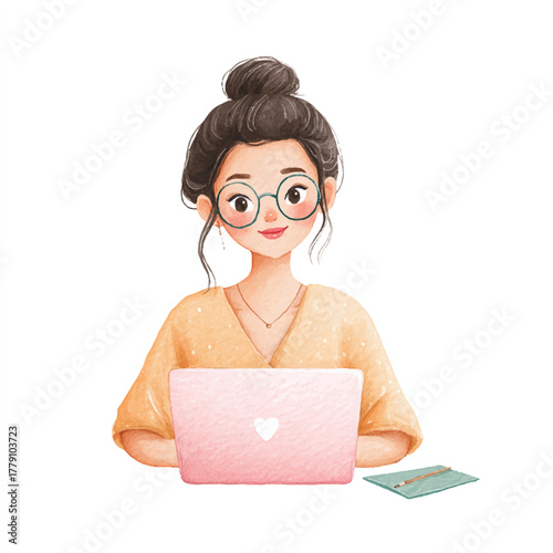 Woman working on laptop with glasses and earphones.
