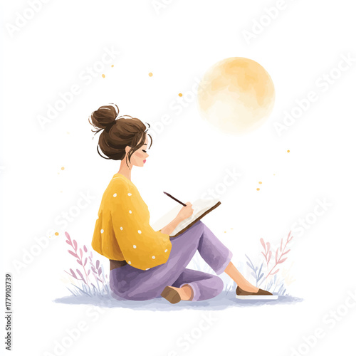 Woman Writing in a Notebook Outdoors.