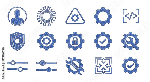 Blue gear icons set for technology and security interfaces in linear style