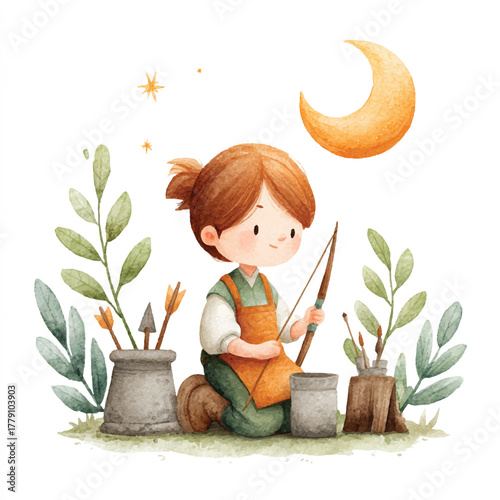 Young artist painting with brush and colors under the moon.
