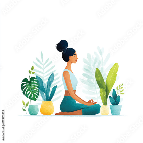 Woman meditating in a peaceful garden setting, focused on inner peace and tranquility, practicing yoga or mindfulness, surrounded by plants and flowers.