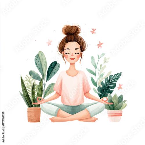 Woman Meditating in Lotus Pose Surrounded by Green Plants.