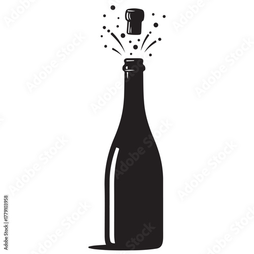 Black Silhouette of a Popping Celebration Bottle with Flying Cork and Splashes