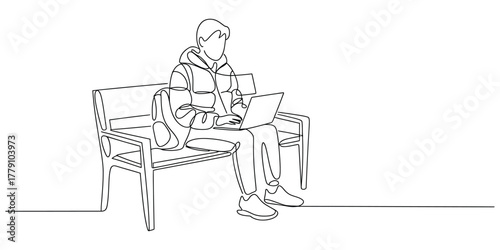 Continuous line drawing of student using laptop on a park bench