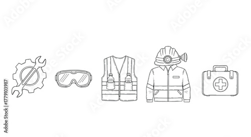 Linear safety gear icons helmets, goggles, vests, first aid kits, tools for industrial work