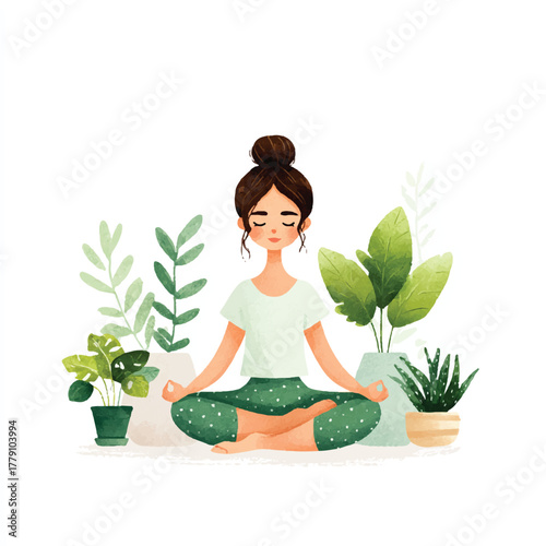Woman Meditating in Lotus Pose Surrounded by Lush Green Plants.