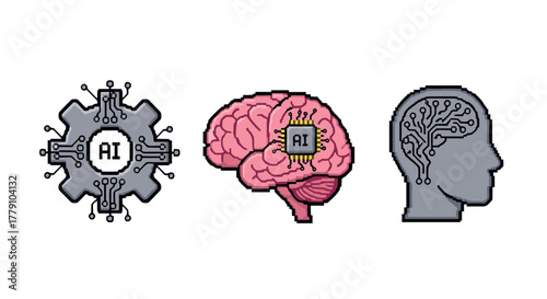 Ai concept art pixel art brain and circuitry technology icons