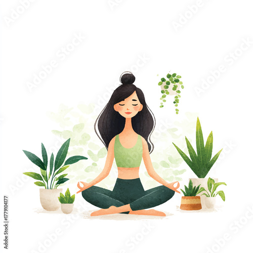 Woman meditating surrounded by plants, peaceful scene, yoga, mindfulness, zen garden.