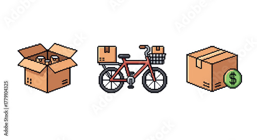 Pixel art parcel delivery cardboard boxes and bicycle courier icon set