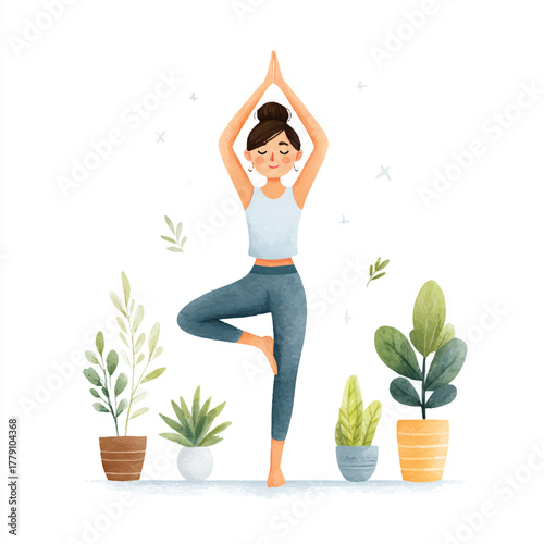 Woman practicing yoga tree pose indoors.