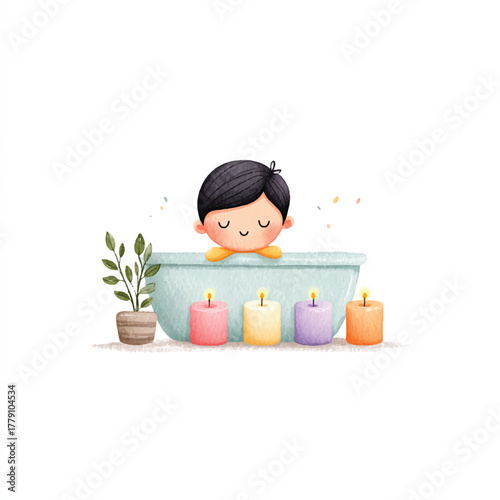 Woman Relaxing in Bathtub with Candles and Plant.
