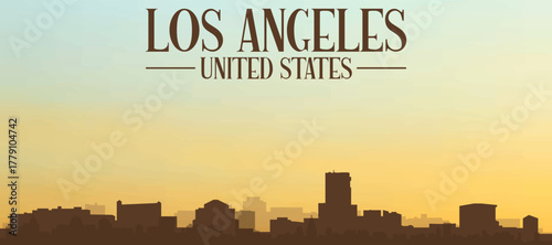 Panoramic poster of the city skyline with misty background buildings, hills sunrise, sunset and clouds of LOS ANGELES, UNITED STATES