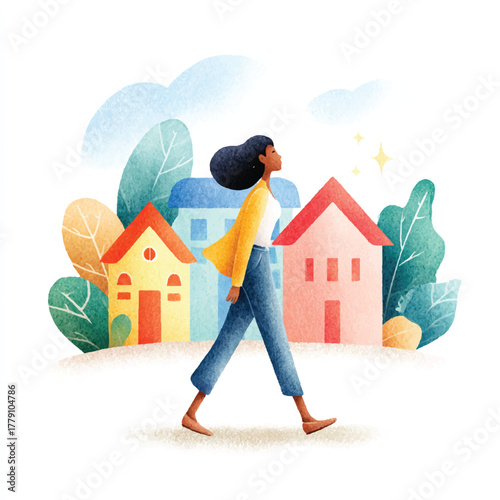 Woman walking through colorful houses, focused on a person, enjoying a stroll, peaceful scene, carefree attitude, happy moment.