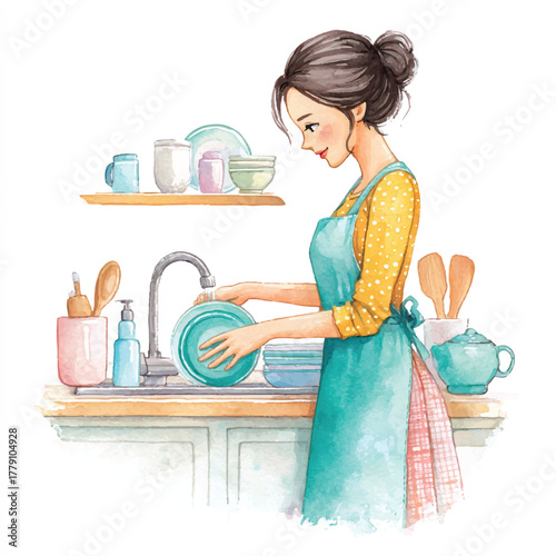 Woman washing dishes in the kitchen sink.