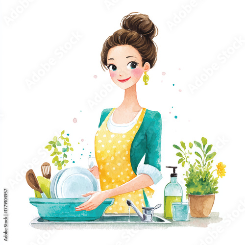 Woman washing dishes in the kitchen with a bright smile.