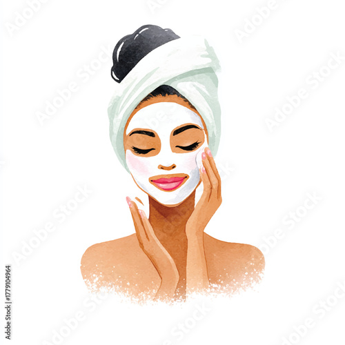 Woman with a face mask and towel on her head, enjoying a spa treatment.