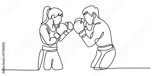 Continuous line art drawing of man and woman boxing, sparring