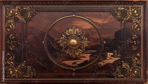 Decorative panel with landscape painting and gilded floral ornamentation, bordered by dark wood frame