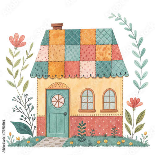 A cute vintage patchwork House illustration Clipart 
