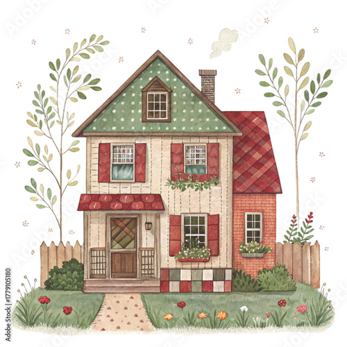 A cute vintage patchwork House illustration Clipart 
