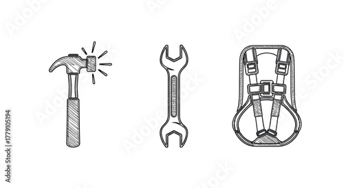 Hand drawn tool set featuring hammer, wrench, safety harness