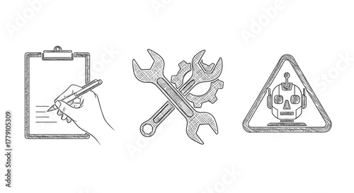 Scribble style handwriting, tools, and robot icon set