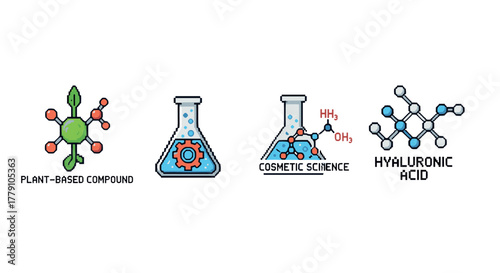 Pixel art chemistry icons with science symbols and text labels