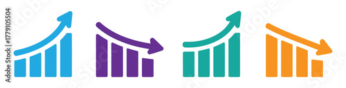 Up and down graph chart vector icon set. growth increase and decrease sign. economy rise and decline symbol. upward or downward trend bar chart icon