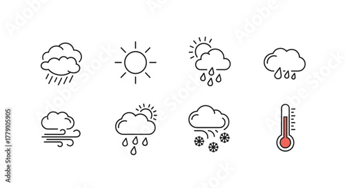 Vivid and descriptive line editable icon set for meteorology, featuring various weather conditions including overcast, sunny, rainy, snowy, windy, and climate indicators, perfect for weather apps