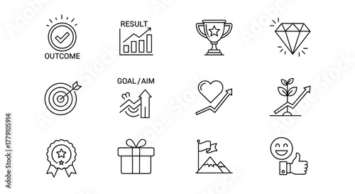 A collection of editable line icons representing success, achievement, and positive outcomes, including icons for outcome, result, award, diamond, goal, aim, growth, love, quality, reward, success