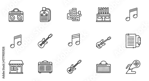A collection of flat line icons representing various audio and music-related equipment, including microphones for podcasts and journalism, karaoke setups, conference microphones, retro radios