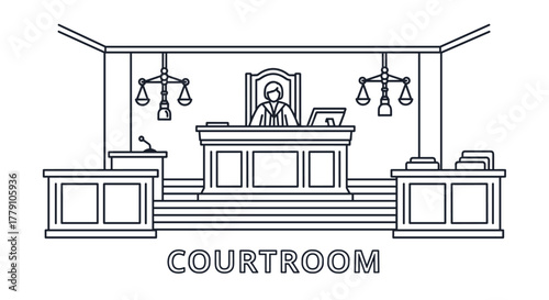 A minimalist line art illustration of a courtroom scene, featuring a judge presiding from a bench, scales of justice hanging, a witness stand with a microphone, and the word "COURTROOM" prominently