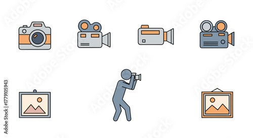 Vibrant flat icon set for photography and videography, featuring a classic camera, a person capturing a moment, a vintage video camera, and a framed landscape photograph, presented as a clean vector