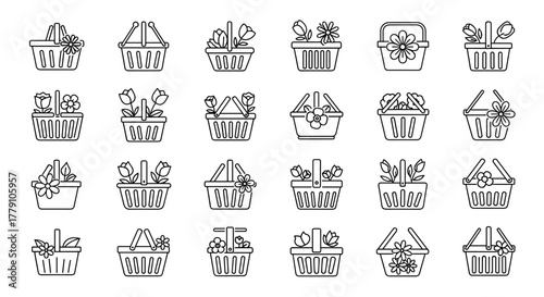 Collection of stylized line art icons depicting shopping baskets filled with various flowers and floral arrangements, presented on a black background, ideal for e-commerce, spring themes, and