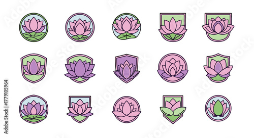 Set of 15 stylized lotus flower logo icons and badges in various shapes, including circles and shields, featuring pastel pink, purple, and green colors, perfect for wellness, spa, yoga, or beauty