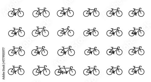 A collection of modern, editable bicycle icons, presented in a vivid and descriptive manner against a clean white background. This ordered line icon set offers a simple yet effective vector