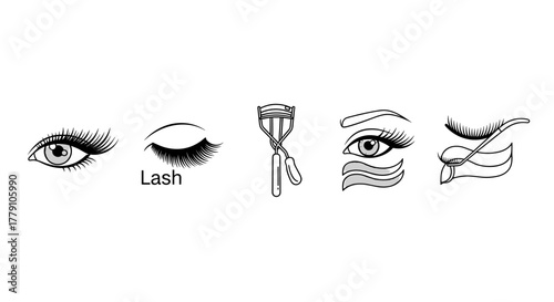 Minimalist vector cartoon illustration featuring a set of ordered line icons, including a striking white eye with lashes and a stylized wave symbol, presented against a clean white background