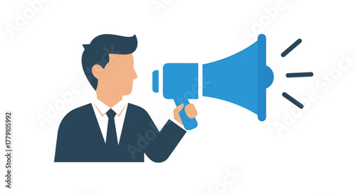 Businessman with megaphone announcing message in flat style