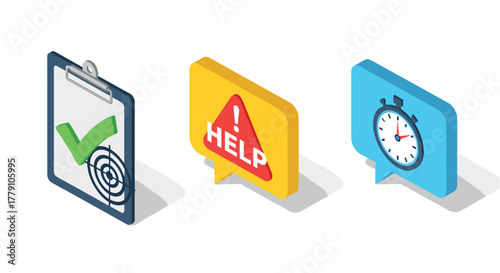 Colorful isometric icons checklist, alert, and stopwatch in speech bubbles