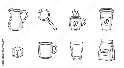 Hand drawn coffee and tea items cups, mugs, and accessories collection