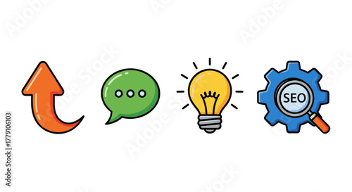 Set of four flat design icons representing business growth and strategy: an upward orange arrow indicating progress, a green speech bubble symbolizing communication, a yellow lightbulb representing