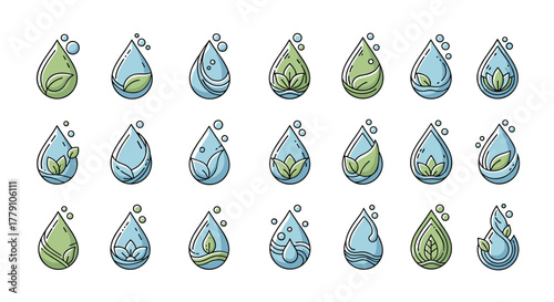 Set of 18 stylized water drop icons, featuring natural elements like leaves and waves, in soothing green and blue hues, perfect for aromatherapy, wellness, and eco-friendly branding. Vector cartoon